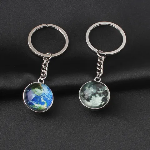 Luminous Universe Planet Keychain Double Sided Glass Ball Globe Key Ring School Bag Pendant Zinc Alloy Fashion Jewelry