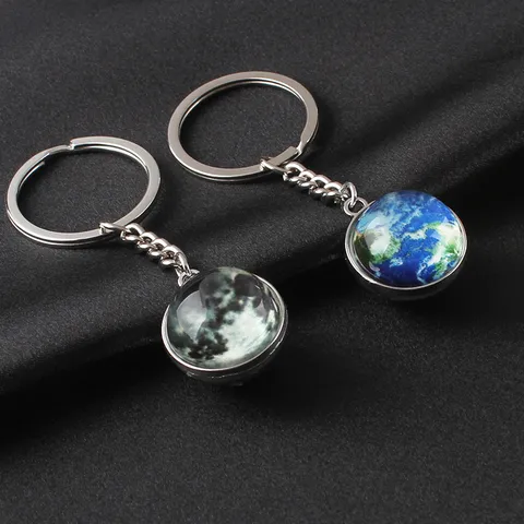 Luminous Universe Planet Keychain Double Sided Glass Ball Globe Key Ring School Bag Pendant Zinc Alloy Fashion Jewelry