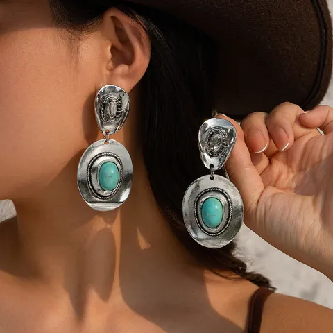 Ethnic Retro Cowboy Hat Pendant Necklace Earrings Set Vintage Alloy Turquoise Metal Curved Tube Velvet Cord Jewelry For Women
