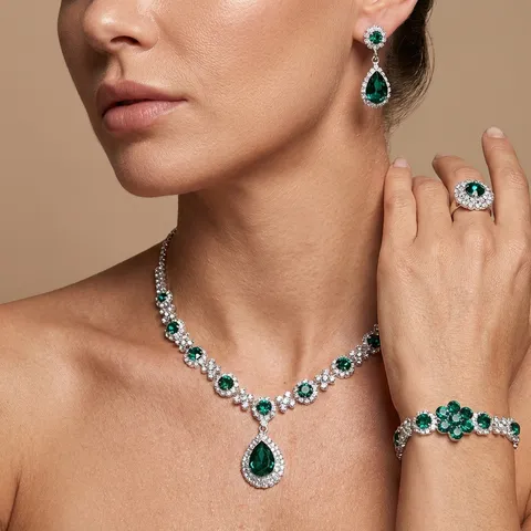 Set di Gioielli Vintage in Rame con Strass Girasole Goccia d'Acqua Verde Smeraldo Argento Oro Collana Orecchini Bracciale Anello per Matrimonio Festa Donna Regalo