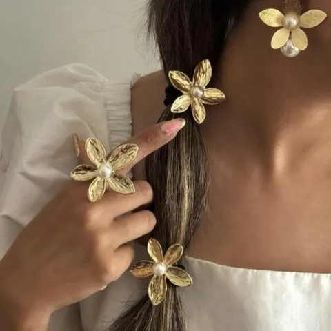 Elastico per Capelli in Lega Vintage con Fiore e Fiocco per Donna Perla Artificiale Fascia Elastica Decorativa Oro Argento Anelli Moda
