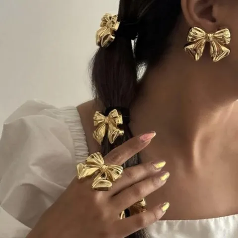 Elastico per Capelli in Lega Vintage con Fiore e Fiocco per Donna Perla Artificiale Fascia Elastica Decorativa Oro Argento Anelli Moda