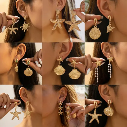 Orecchini Pendenti a Forma di Stella Marina Conchiglia per Donna Lega Oro Perla Artificiale Strass Gioielli per Vacanze al Mare