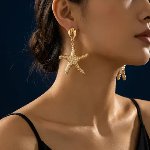 Orecchini Pendenti a Forma di Stella Marina Conchiglia per Donna Lega Oro Perla Artificiale Strass Gioielli per Vacanze al Mare