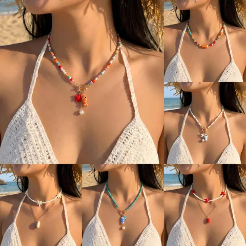 Collana Boho Estiva con Perline per Donna Pesce Stella Marina in Ceramica Colorata Stile Dopamina Catena della Clavicola Regalo