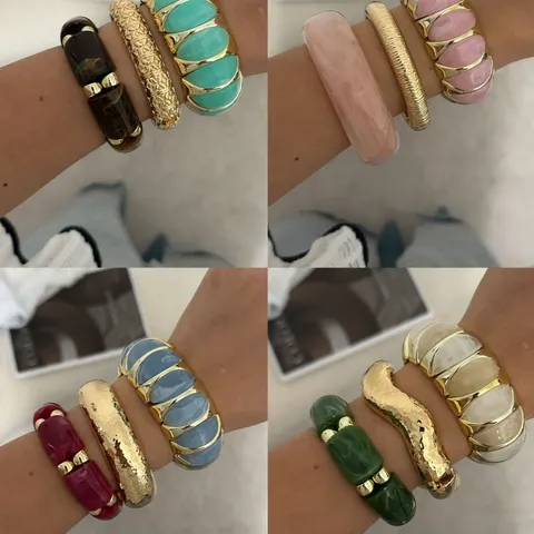 Candy Color Marble Pattern Resin Elastic Bracelet For Women Fashion Acrylic Alloy Stacking Bangle Retro Jewelry Gift