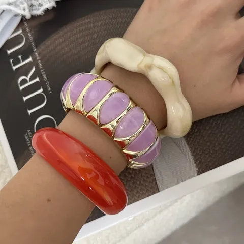 Candy Color Marble Pattern Resin Elastic Bracelet For Women Fashion Acrylic Alloy Stacking Bangle Retro Jewelry Gift