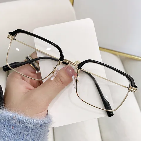 Retro Half-Frame Browline Glasses Frame For Men Women Minimalist Metal TR90 Square Anti-Blue Light Computer Eyewear Frame 01177