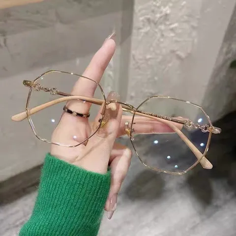 Damen Mode Polygon Anti Blaulicht Brille TR Metall Großer Rahmen Optische Brille Retro Mode Myopie Brillengestell Klare Linse