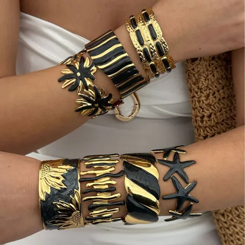 Vintage Edelstahl Armreif Für Damen Elegant Schwarz Emaille Vergoldet Sonnenblume Seestern Verstellbar Manschette Armband Schmuck