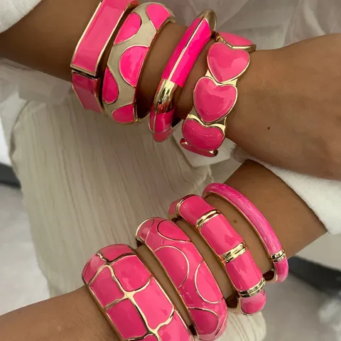 Women Fashion Fuchsia Rose Pink Enamel Bangle Bracelet Gold Tone Alloy Geometric Heart Dopamine Style Jewelry Accessory
