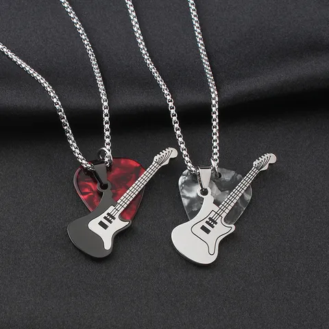 Men Stainless Steel Guitar Pick Pendant Necklace Hip Hop Music Style Couple Jewelry Fashion Accessory Gift