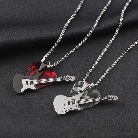 Men Stainless Steel Guitar Pick Pendant Necklace Hip Hop Music Style Couple Jewelry Fashion Accessory Gift