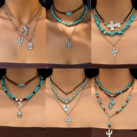 Set di Collane Multistrato Bohemien Etnico con Ciondolo a Cactus e Turchese Artificiale per Donna Gioielli Vintage in Lega di Zinco