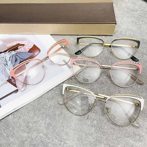 Korean Style Cat Eye Anti-Blue Light Glasses For Women Metal Frame Photochromic Plain Eyeglasses Computer Goggles Anti-Radiation