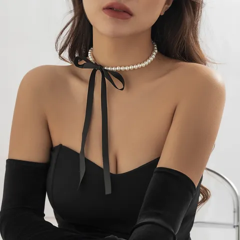 Retro Bowknot Artificial Pearl Necklace For Women Elegant DIY Satin Ribbon Tie Choker Vintage Wedding Party Jewelry Chic Necklace
