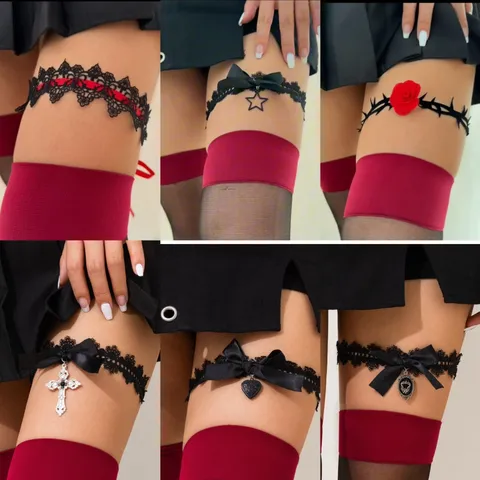Gothic Sexy Black Lace Thigh Chain Leg Ring Women Red Rose Thorn Choker Bow Cross Heart Pendant Goth Accessory Jewelry