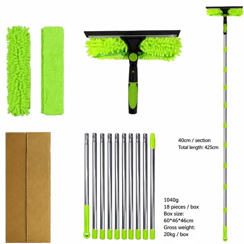 Window Cleaning Squeegee Kit With Long Extension Pole Microfiber Scrubber And Replacement Cloth Heads For High Glass Windows Household Cleaning