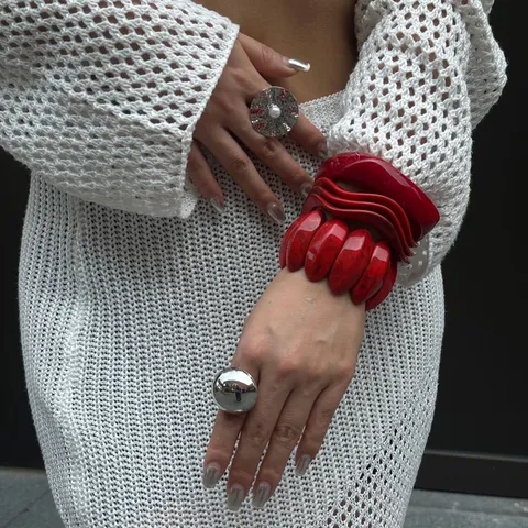 Bracciale Rigido in Resina Grossa da Donna Angola Rosso Motivo Marmo Onda Geometrica Trendy Y2K Hot Girl Moda Acrilico Gioielli