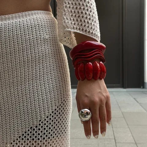 Bracciale Rigido in Resina Grossa da Donna Angola Rosso Motivo Marmo Onda Geometrica Trendy Y2K Hot Girl Moda Acrilico Gioielli