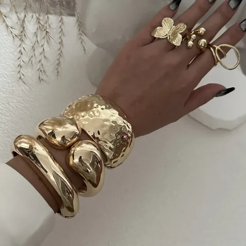 Bracciale a Doppia Goccia Liscia in Lega Design dell'Industria Pesante per Donna Trama Martellata Bracciale Aperto Geometrico Gioielli di Moda Oro Argento
