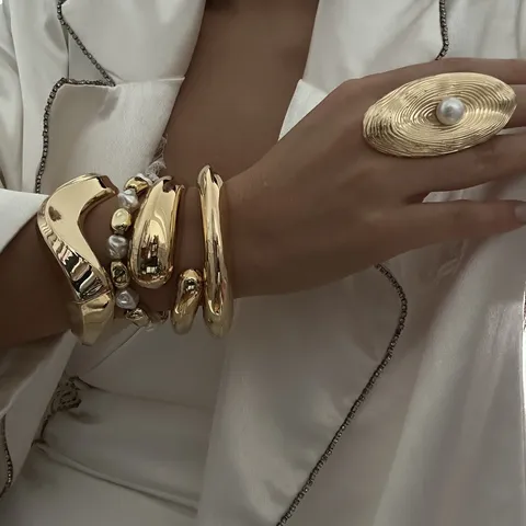 European American Fashion Gold Plated Alloy Irregular Water Drop Open Cuff Bracelet For Women Large Pearl Ring Set
