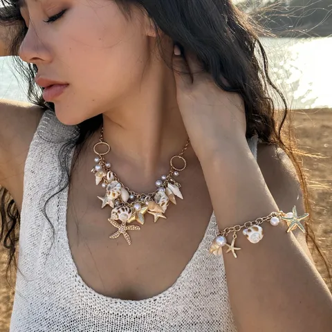 Bohemian Summer Beach Natural Shell Starfish Necklace For Women Gold Alloy Artificial Pearl Rhinestone Sea Snail Pendant Jewelry