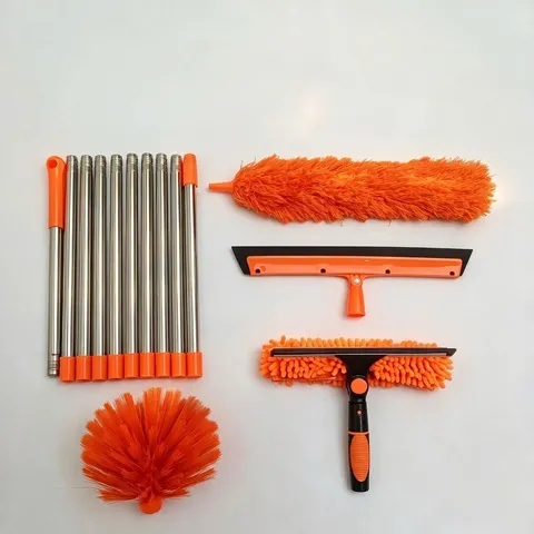 Multi Functional Window Squeegee Cleaner Kit Stainless Steel Sectional Extension Pole Microfiber Cobweb Duster Window Solar Panel Cleaning Tools Home