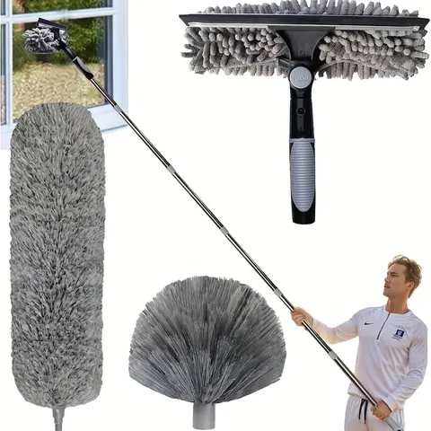 Dual Functional Glass Cleaning Tool With Stainless Steel Extension Pole Adjustable Microfiber Duster Cobweb Brush High Window Squeegee Scraper For Home Bathroom Office