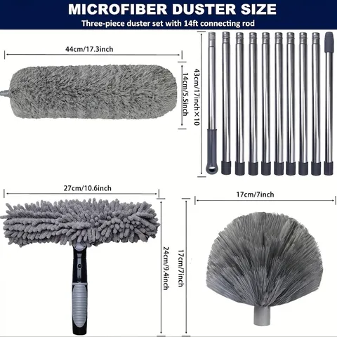 Dual Functional Glass Cleaning Tool With Stainless Steel Extension Pole Adjustable Microfiber Duster Cobweb Brush High Window Squeegee Scraper For Home Bathroom Office