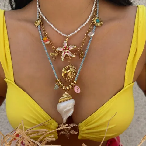 Stainless Steel Summer Layered Necklace Gold Plated Sun Moon Floral Sea Snail Artificial Pearl Enamel Pendant Boho Jewelry