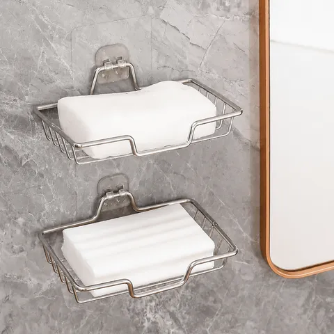 Stainless Steel Soap Dish Punch Free Wall Mounted Drainage Sponge Holder Bathroom Kitchen Organizer Tray