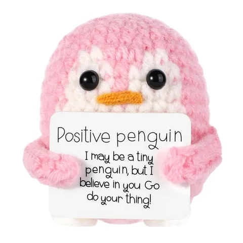 Handgebreid Positief Pinguïn Figuurtje Met Inspirerende Kaart Handgemaakte Gehaakte Pinguïn Dier Desktop Decoratie Creatief Cadeau Voor Vriend