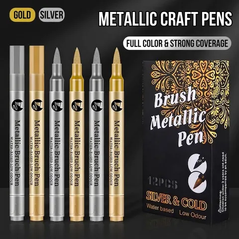 Metallic Brush Pen Gold Silver Paint Markers Water Based Ink Refillable Soft Tip Calligraphy Pen For Greeting Card Drawing Craft Painting Art Supplies