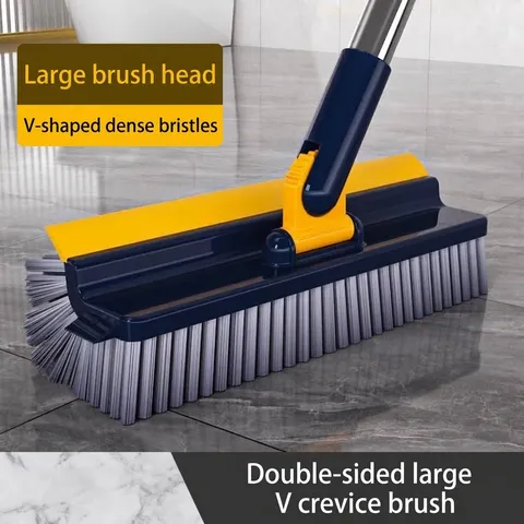 Long Handle 5-in-1 Floor Scrub Brush With Squeegee Stainless Steel Pole Tile Grout Cleaning Brush For Bathroom Kitchen Toilet