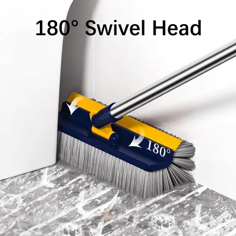 Long Handle 5-in-1 Floor Scrub Brush With Squeegee Stainless Steel Pole Tile Grout Cleaning Brush For Bathroom Kitchen Toilet