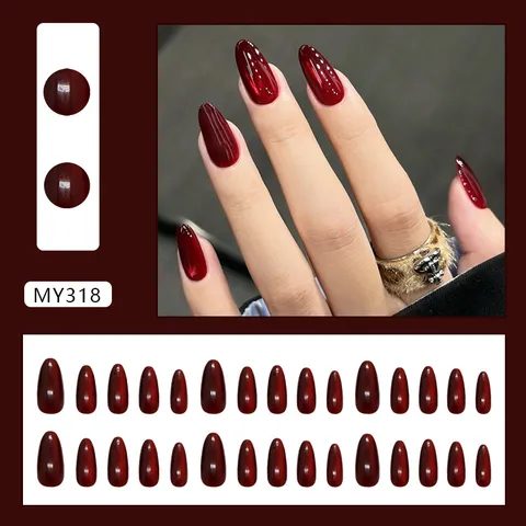 Vintage Wijnrood Kattenoog Plaknagels Amandelvorm Glanzende Herbruikbare Kunstnagels Voor Dames Elegante Robijn Fake Nails