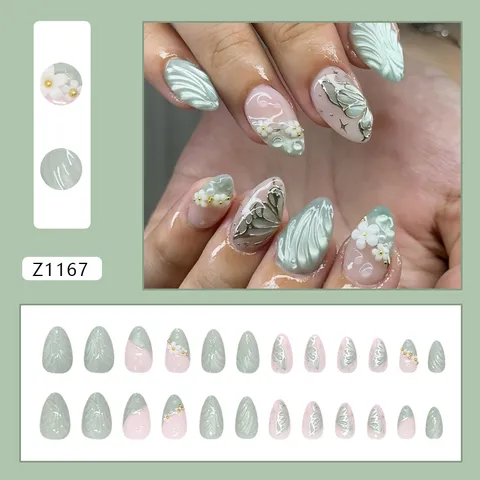 Faux Ongles à Presser Oeil de Chat 3D Aile de Papillon Ondulation Étoilée Design Floral Français Forme Amande Ensemble pour Femmes