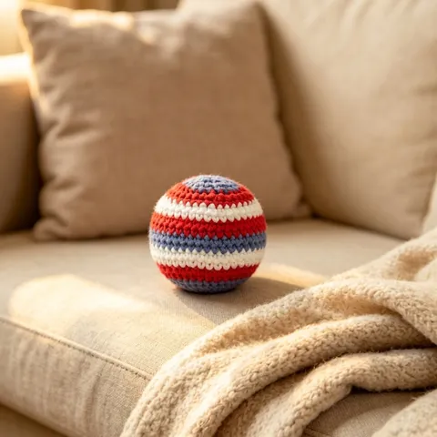 Handmade Crocheted Stress Relief Ball Woolen Yarn Red Blue White Striped Decorative Sandbag Toy Desk Ornament