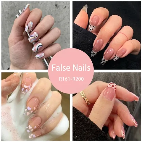French Style Press On Nails Long Almond Square Shape Artificial Nail Art Tips Floral Leopard Heart Gradient Design For Women DIY Manicure