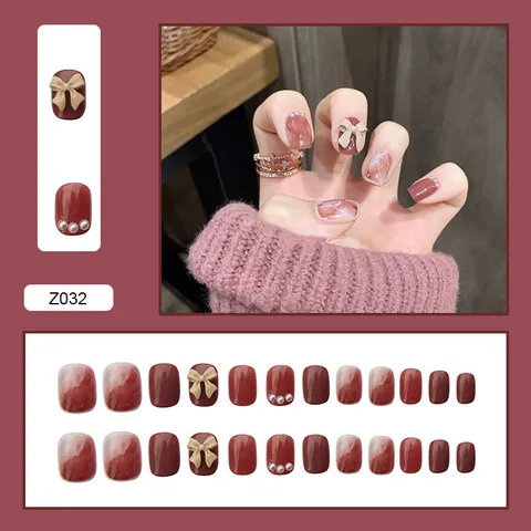Faux Ongles à Presser Élégants Rouge Vin Nude Avec Décoration Papillon Strass Perle Artificielle 24 Pièces Boîte Manucure Femme Bijoux