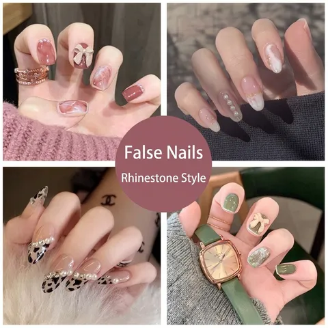 Faux Ongles à Presser Élégants Rouge Vin Nude Avec Décoration Papillon Strass Perle Artificielle 24 Pièces Boîte Manucure Femme Bijoux