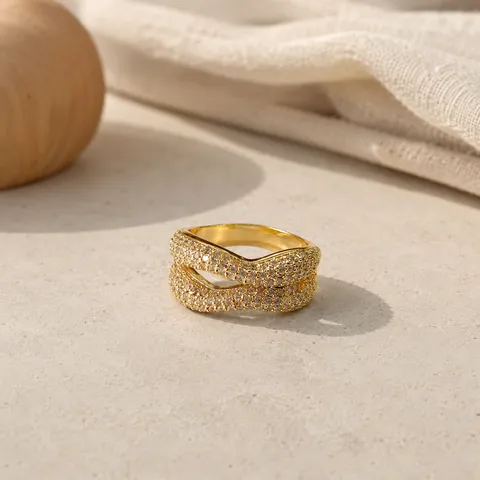 18K Gold Plated Brass Double Layer Wave Ring For Women Men Full Zirconia Inlaid Light Luxury Pave Band Ring Fashion Jewelry