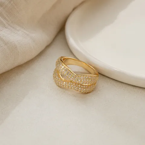 18K Gold Plated Brass Double Layer Wave Ring For Women Men Full Zirconia Inlaid Light Luxury Pave Band Ring Fashion Jewelry