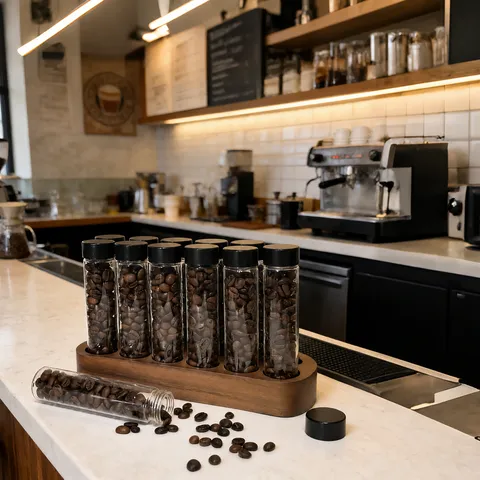 Walnut Wood Coffee Bean Storage Tube Set With Glass Sealed Tubes Display Stand For Home Commercial Kitchen