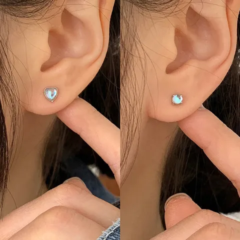 Synthetic Moonstone Heart Round Stud Earrings Women Zirconia Copper White Gold Plated Simple Minimalist Fashion Jewelry