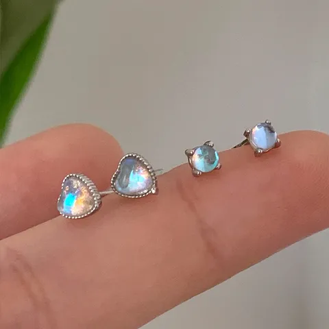 Synthetic Moonstone Heart Round Stud Earrings Women Zirconia Copper White Gold Plated Simple Minimalist Fashion Jewelry