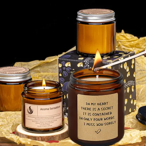 Aromatherapy Soy Wax Scented Candle Amber Glass Jar Natural Essential Oil Scented Candle Gift Set For Home Decor