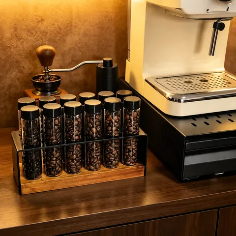 Walnut Wood Coffee Bean Storage Tube Sealed Rack High Borosilicate Glass Acrylic Italian Style Coffee Bean Display Stand