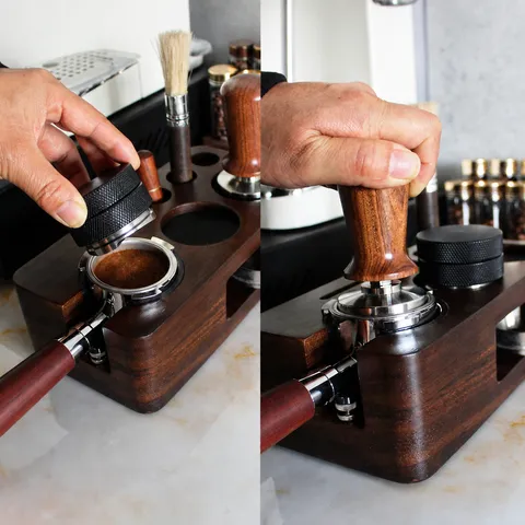 Solid Wood Italian Coffee Tamper Holder Multi-Functional Storage Rack Walnut Espresso Powder Distributor Base Home Cafe